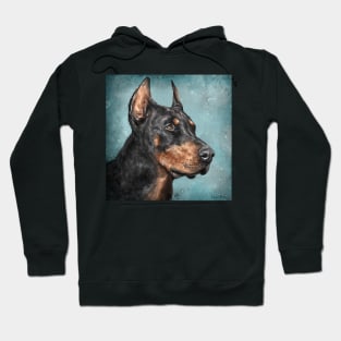 An impressive Black and Gold Doberman Pinscher on Blue Background Hoodie